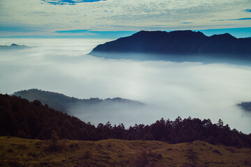 Beautiful autumn scenery in Taiwan, The fallen leaves beautiful color picture, Asia - Beautiful landscape of highest mountains blue sky in fall seaon at Taroko National Park, Taiwan