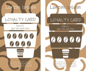 Coffee loyalty card template to print with coffe cup, beens  silhouette. Vector illustration business card template. Buy 9 get the 10th free. Enjoy 5, get the 6th free.