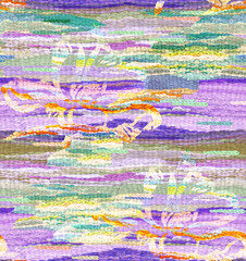 Fototapeta premium Abstract botanical seamless pattern in the form of a wicker tapestry with thread flowers in the Boho style. Needlework in lilac shades. Horizontal motif for surface design and bright summer textiles