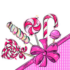 Vector abstract illustration with sweets. Festive background.