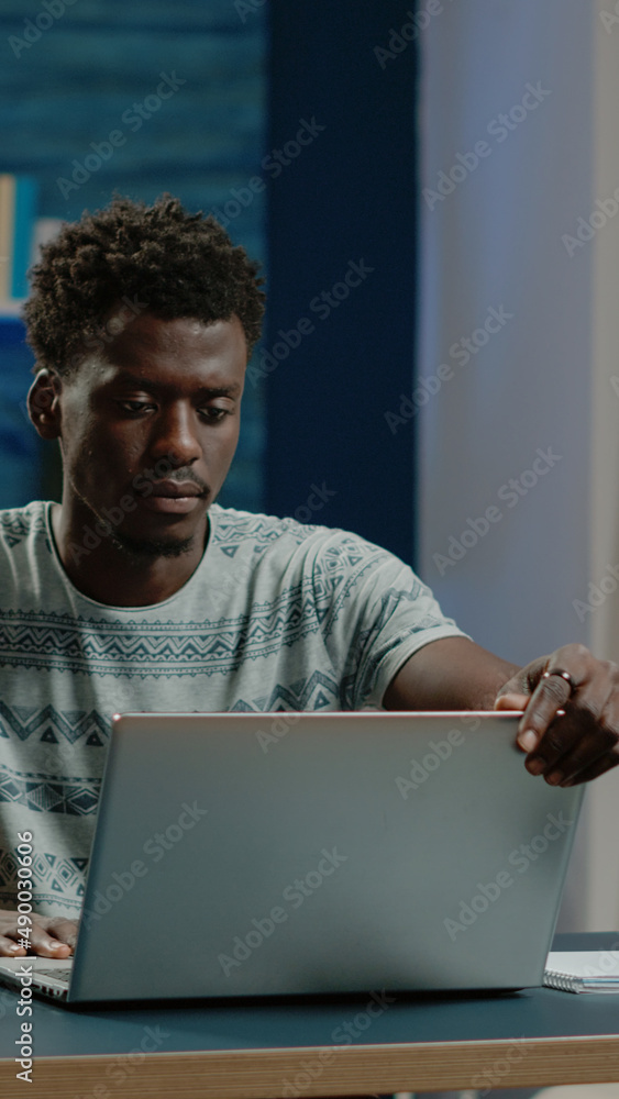 Poster business man working from home with laptop at desk. entrepreneur using modern device for online remo
