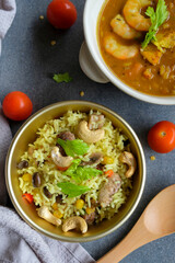 Homemade Indian rice meal. Briyani with Curry Bean Soup. Delicious and healthy, great for lunch and dinner meals