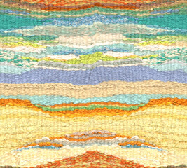 Seamless pattern in the form of tapestry woven from threads in the Boho style. Needlework resembles horizontal sand. Motif for surface and textile design