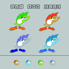 worksheet vector design, the task is to cut and glue a piece on colorful  monsters.  Logic game for children.