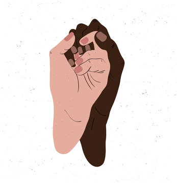 Ilustración de manos entrelazadas vectorizadas. Sororidad y diversidad. Manos de piel negra y piel blanca. Conceptos de amor, tolerancia, igualdad, unidad, asociación