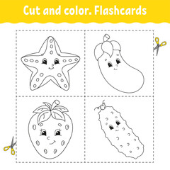 Cut and color. Flashcard Set. Coloring book for kids. Food theme. Cute cartoon character. Black contour silhouette. Isolated on white background.