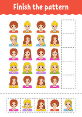 Finish the pattern. Cut and play. Education developing worksheet. Activity page. cartoon character. Vector illustration.