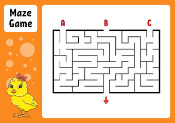 Rectangle maze. Game for kids. Three entrances, one exit. Education worksheet. Puzzle for children. Labyrinth conundrum. Color vector illustration. Find the right path. Easter theme.