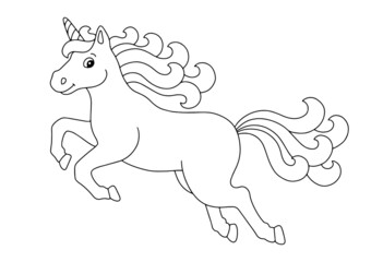 Beautiful jumping unicorn. Coloring book page for kids. Cartoon style character. Vector illustration isolated on white background.