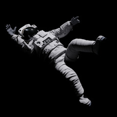 astronaut in distress, spaceman with damaged helmet isolated on black background © dottedyeti