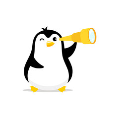 Penguin on an ice floe. Find with spyglass. Mascot cartoon vector illustration.