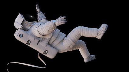 astronaut with safety tether flying in outer space, isolated on black background © dottedyeti