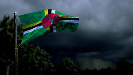 Dominica flag for day of the flag on dark storm cumulus clouds - abstract 3D rendering
