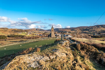 Aerial view of standing stone in Glencolumbkille in County Donegal, Republic of Irleand