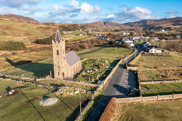 Aerial view of the Church of Ireland in Glencolumbkille - Republic of Ireland