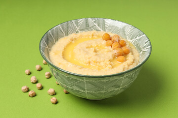 Concept of tasty food with hummus, close up