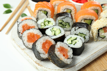 Concept of tasty food with sushi, close up