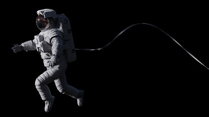 astronaut with safety cable in outer space, isolated on black background