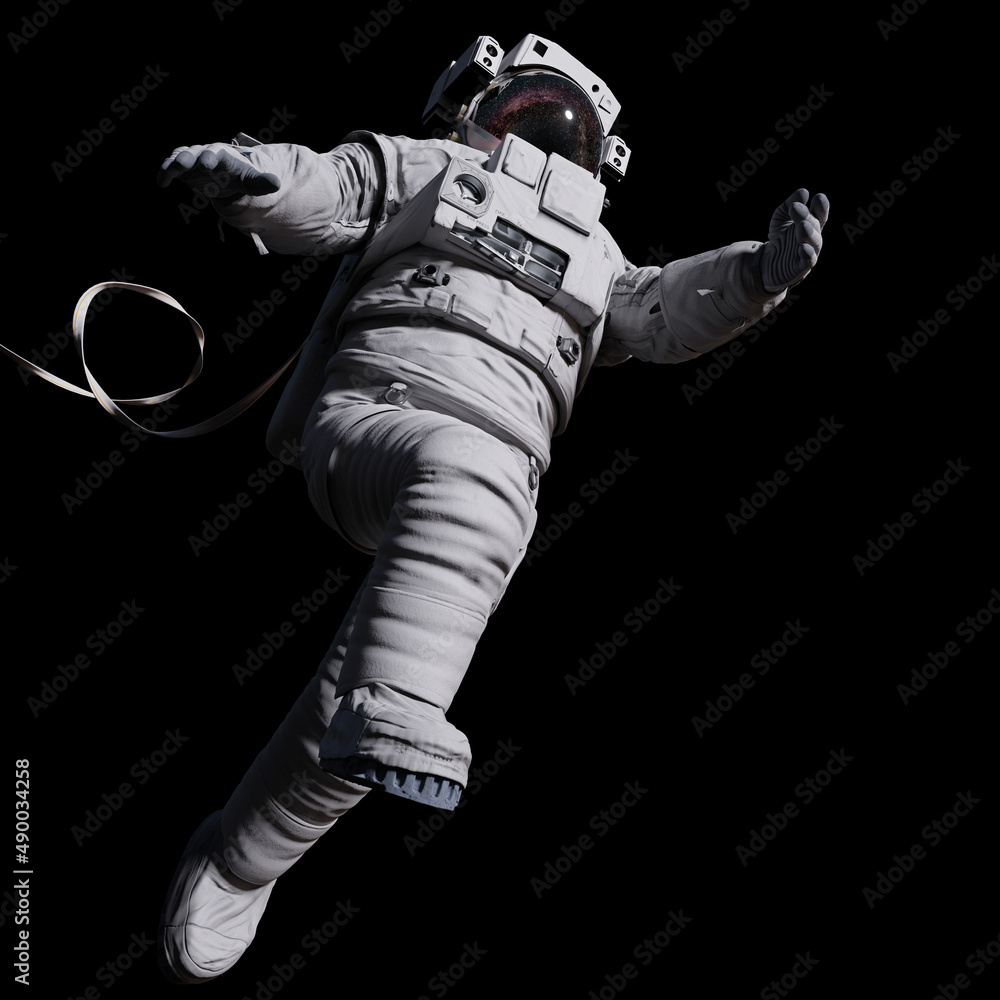 Poster astronaut with safety tether in outer space, isolated on black background