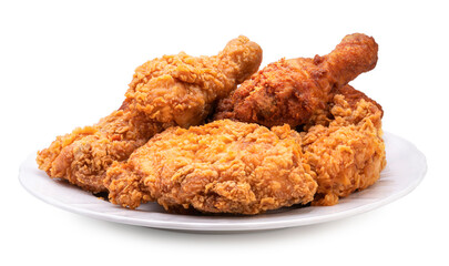 Fried chicken in white plate isolated on white background, Fried chicken on white With clipping path.