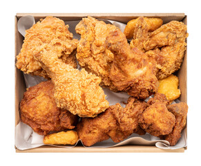 Fried chicken in paper box isolated on white background, Fried chicken on paper box for delivery, With clipping path.