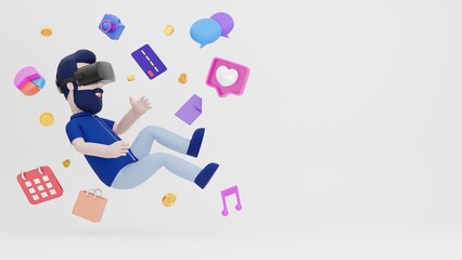 3D Illustration Man Floating in Metaverse wearing VR AR Virtual Reality Interactive Media Social Character Comic Modern Casual Business Cryptocurrency Bitcoin Sandbox Technology Startup Concept