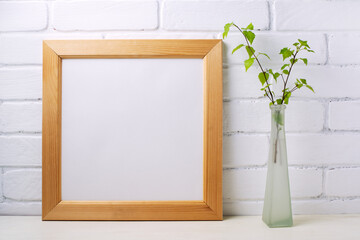  Square wooden picture frame mockup with birch branches