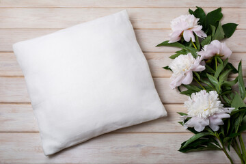 Pillow mockup with pale pink peony