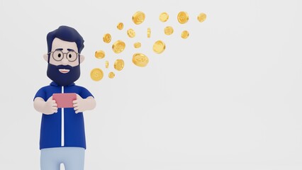 3D Illustration Man Chilling holding mobile phone playing NFT games Defi Cryptocurrency Trading Forex Make Money Work from Home Freelance Freedom Character Comic Casual Coworking Brainstorm Profit