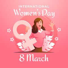 international women's day march 8 with woman holding female gender symbol