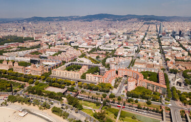 Aerial view of Barcelona cityscape with a modern apartment buildings, Spain