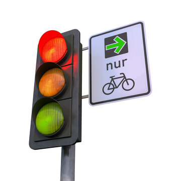 3d Illustration - Verkehrsampel - Ampel - Rot - gr&uuml;ner Pfeil f&uuml;r Radverkehr - Freisteller