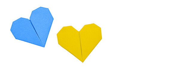 A call for peace and an end to the war. Hearts in blue and yellow color, the colors of the flag of Ukraine. Isolated on white background. No war, stop war.