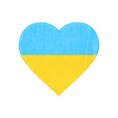 A call for peace and an end to the war. Wooden heart the colors of the flag of Ukraine, isolated on white background. No war, stop war.