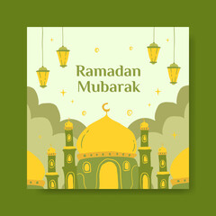 Ramadan Mubarak social media banner template . flat Illustration vector graphic. Design concept Mosque with lantern, Perfect for Islamic Holy Month, banner, Postcard social media