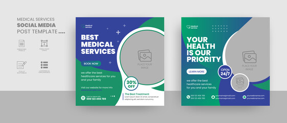 Medical services social media post and healthcare web banner. Hospital, doctor, clinic and dentist health business marketing banner with logo & icon. 