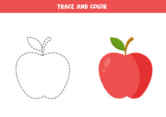 Trace and color cute red apple. Worksheet for children.