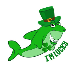 I am lucky - funny St Patrik's Day kawaii character design with green shark on white background. Good for posters, flyers, t-shirts, cards, invitations, stickers, banners, gifts.