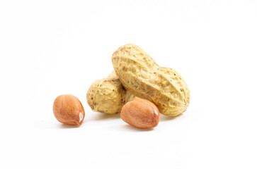 Dried peanuts closeup isolated on white background,
