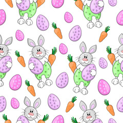 Easter pattern with rabbits on a light background. 