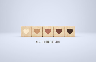 Obraz premium Anti racism, tolerance, unity, love and equality between ethnics groups concept with skin tone hearts on wooden cubes. Motivational poster against racism and discrimination in 3D rendering