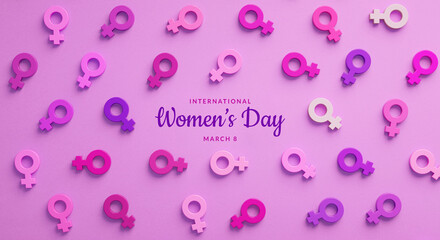 International Womens Day flyer with several female symbols in purple and copy space in 3D rendering. March 8 for feminism, sisterhood, empowerment and activism for women rights