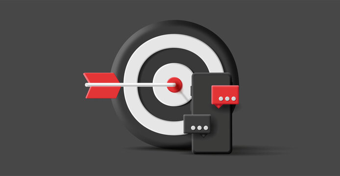 3d render illustration of a big target board with arrow in the center with black smartphone with push messages pop from the screen