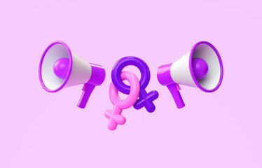 Isolated female symbols united with megaphones for International Women's Day and feminist flyer in 3D illustration. March 8 for feminism, sisterhood, empowerment and activism for women rights