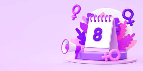 March 8 Women's Day platform with calendar and floral ornaments for flyer background in 3D render. International feminism, independence, sisterhood, empowerment and activism for women rights