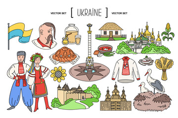 Vector set with hand drawn isolated colorful doodles on the  theme of Ukraine. National Ukrainian symbols. Sketches for use in design