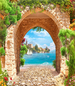 View through the arch to the summer sea