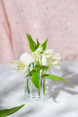 A bouquet of delicate white flowers. Festive card with spring flowers on a light pink background, vertical photo with copy space for text