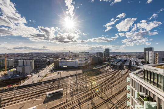 Sunny day over the new main railway station Vienna