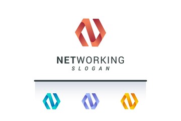 Letter N hexagonal 3d technological logo
